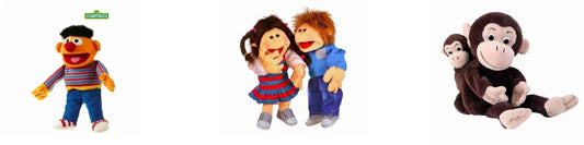 A combination of three hand puppets. There is Ernie, a Sesame Street Puppet, two large puppets from Living Puppets and a Monkey and Baby Hand Puppet.