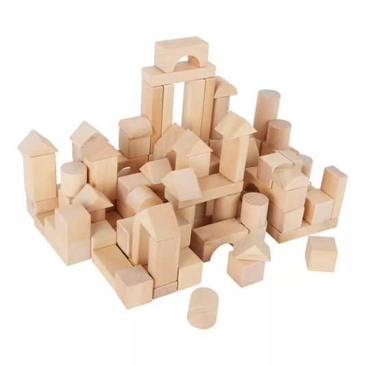 A pile of Wooden Blocks Natural 100 sitting on top of each other.
