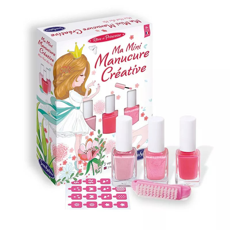 A box with Sentosphere Mini Nail Art Kit, a pink nail brush, and stencils for manicures.