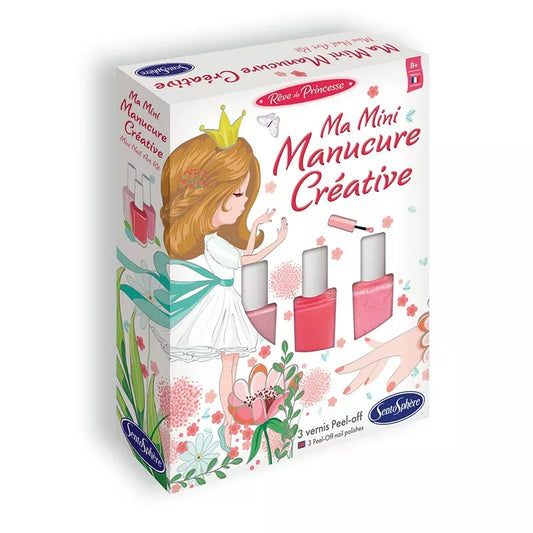 A box with a picture of a girl with Sentosphere Mini Nail Art Kit and manicures.
