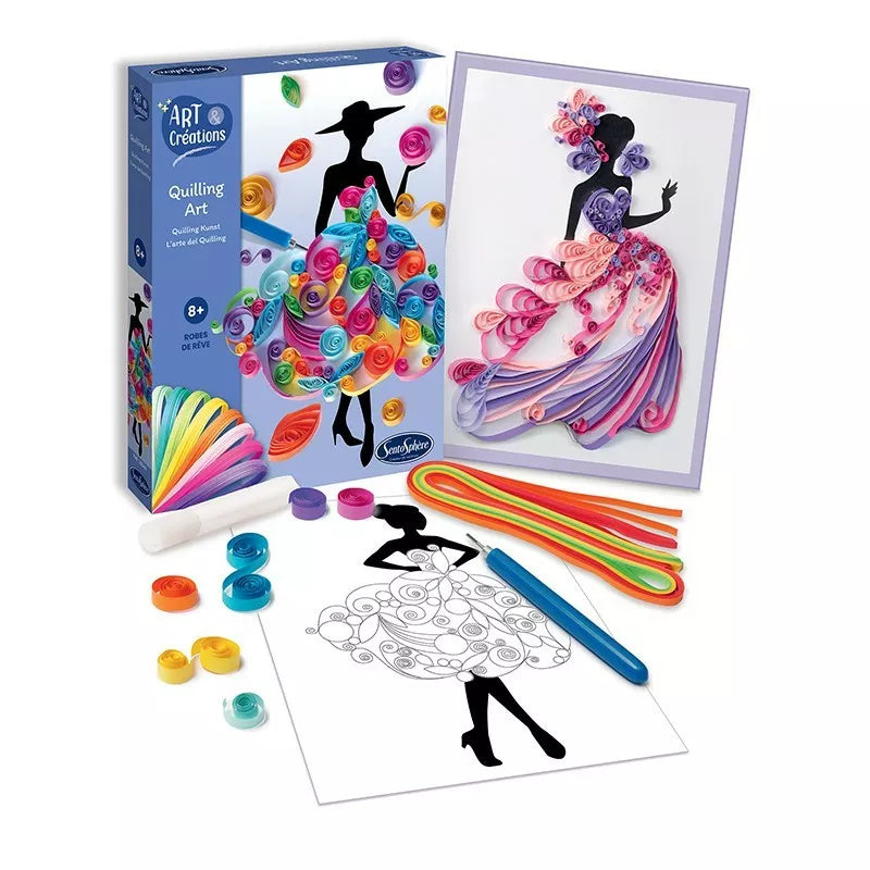 A box with a Sentosphere Quilling Art Dresses kit and a box of colored pencils.