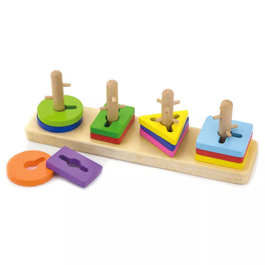 A problem-solving sorting puzzle toy that helps develop fine-motor skills, featuring colorful shapes on the Creative Shapes Stacking Board.