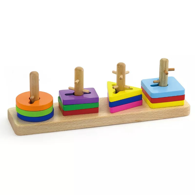 A problem-solving sorting puzzle with Creative Shapes Stacking Board that helps develop fine-motor skills.