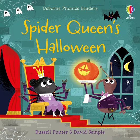 This is a spooky and enchanting children's book called "Usborne Phonics Readers: Spider Queen's Halloween." It is designed to engage young readers and help them improve their reading skills.