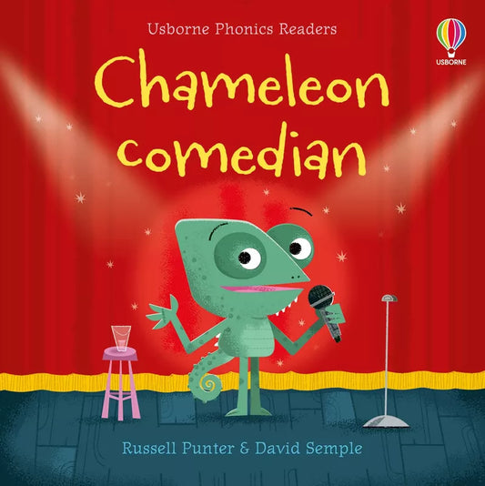 A children's book cover for Usborne Phonics Readers: Chameleon comedian, incorporating parental guidance notes.