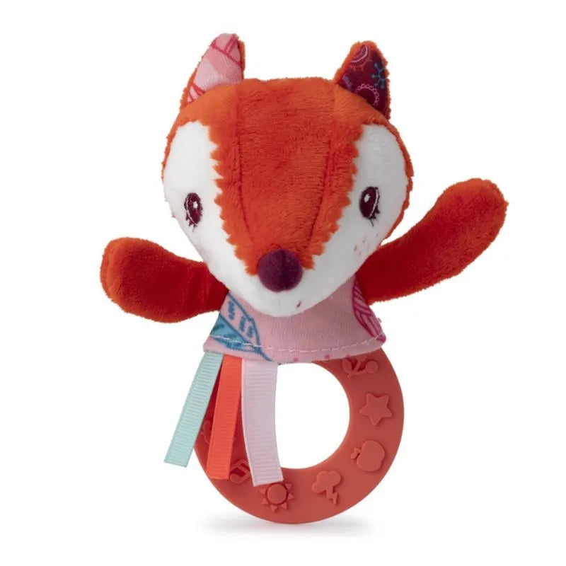 The Lilliputiens I'm Discovering Alice Teething Rattle is a plush fox toy, ideal as a baby's first toy or a baby gift. It features a red-orange body, patterned scarf, and a teething ring embossed with shapes.