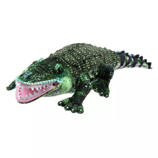 A Large Hand Puppet in the shape of an Alligator .Its body and head are green and white. It is 80cm long and is mouth moving.