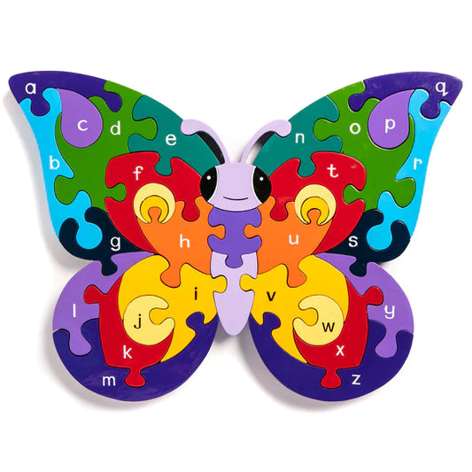 An educational Alphabet Jigsaws Wooden Alphabet Butterfly Jigsaw featuring a colorful alphabet butterfly.