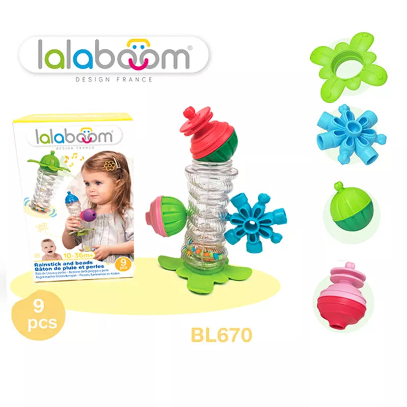 A picture of Lalabooom Rain Stick 7 Beads - 9 PCS toy set with a girl.