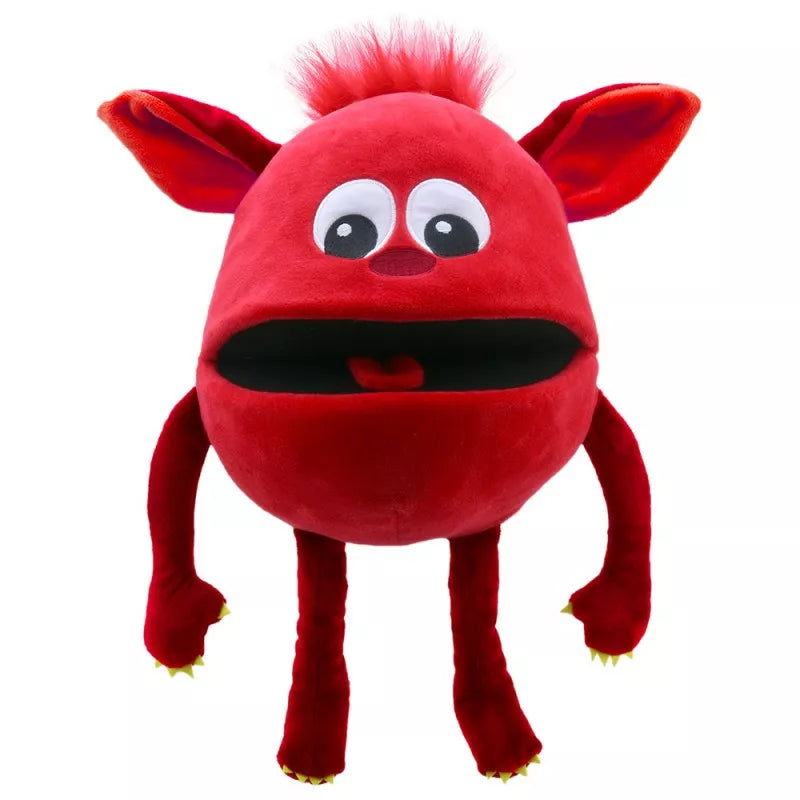 A Baby Monster Red hand puppet, with a head a large as a melon. It has big sweet eyes and is mouth moving.