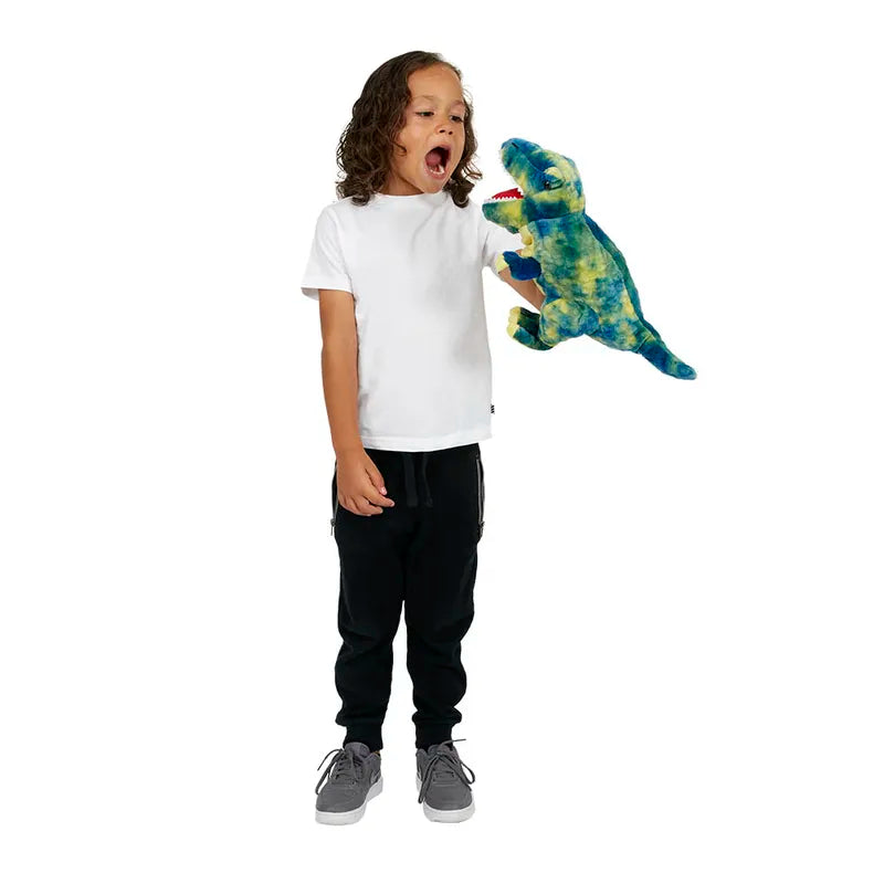 A child with curly hair, dressed in a white shirt and dark pants, playfully holds The Puppet Company Baby T-Rex Blue puppet, pretending to be bitten. This whimsical scene seems straight out of a dinosaur storybook set against the simplicity of a white background.