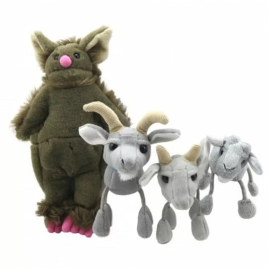 A finger puppets set representing The Troll and three Billy Goats Gruff. With full padded bodies.