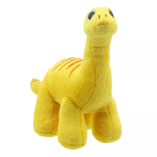 A yellow Wilberry Time for Stories – Brontosaurus stuffed animal, perfect for dinosaur lovers and storytime companions, on a white background.
