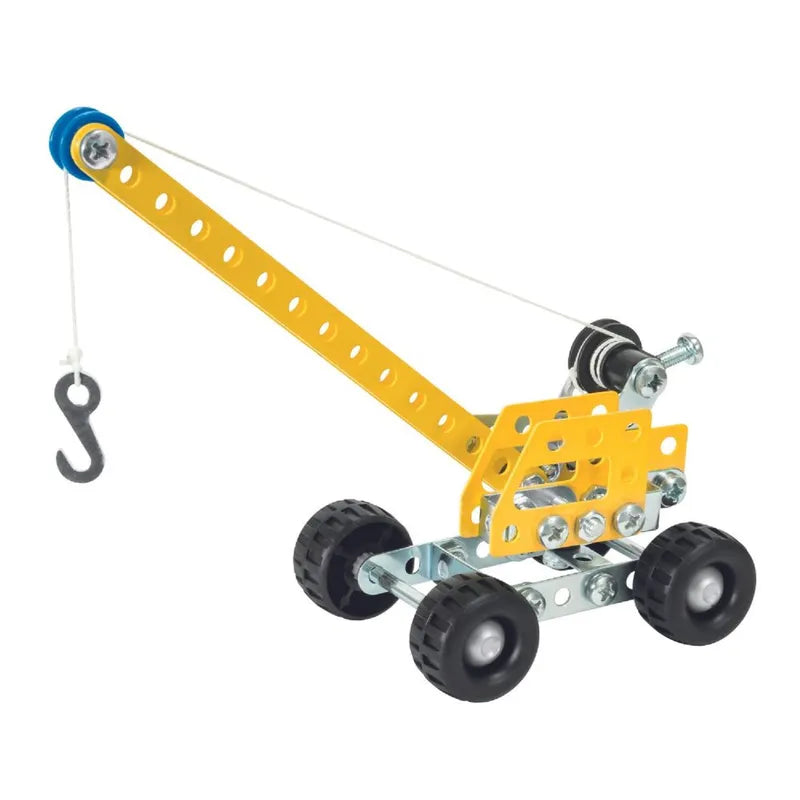 The Eitech Construction Mini Crane is displayed. This children’s construction toy features a metal mini crane made with metal parts and bolts, boasting a yellow arm with multiple holes, a string with a hook at the end, and is mounted on a base with four black wheels. It showcases a simple mechanical design with visible screws and connectors.