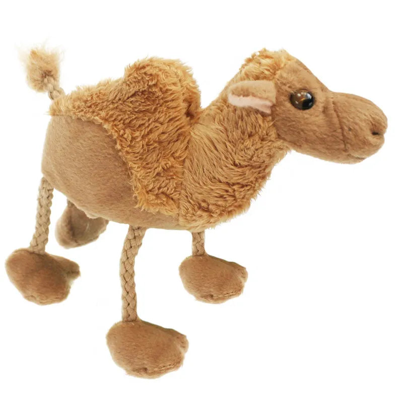 A Camel Finger Puppet from The Puppet Company is displayed against a white background, featuring a light brown hue, fuzzy hump, and braided legs. Its stitched facial features and cuddly material spark imaginative storytelling with its cute charm.