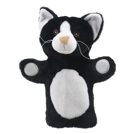 A plush hand puppet of a ECO Puppet Buddies Black & White Cat Hand Puppet with an upright pose, featuring prominent whiskers, a pink nose, and white patches on its belly and face.