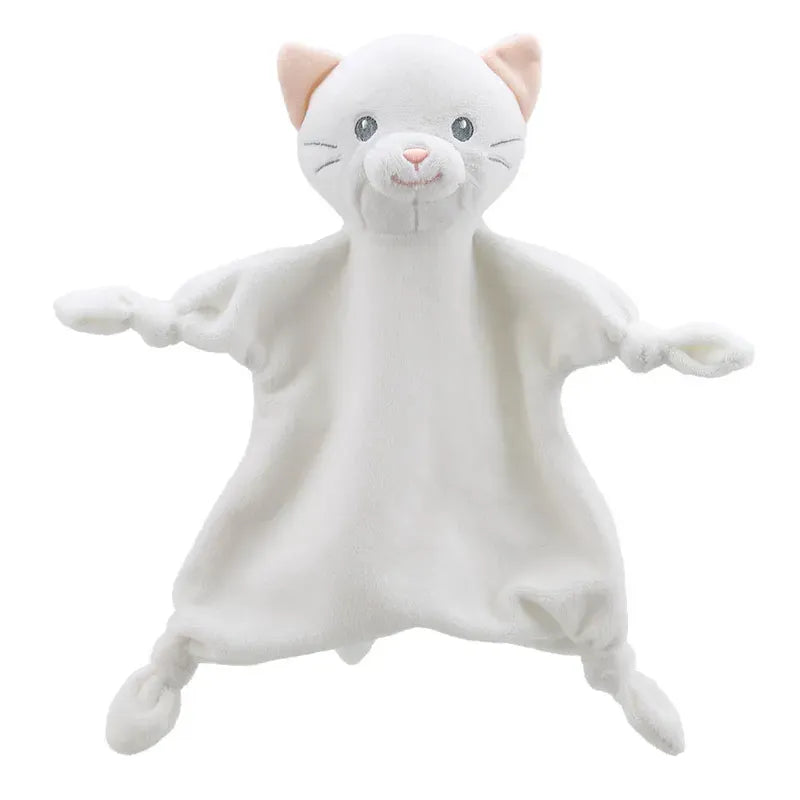 The Comforter White Cat Wilberry ECO is a soft, white cat-shaped plush security blanket with embroidered face, pink inner ears, and knotted corners—ideal for sensory play.