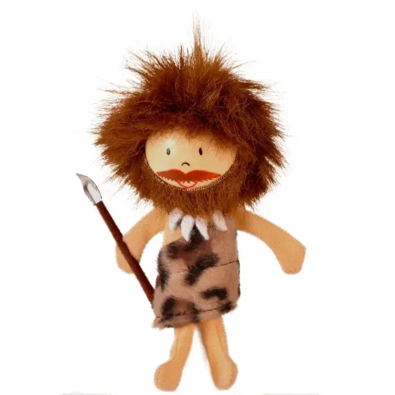 The Caveman Finger Puppet with Wooden Head features a plush cartoon caveman in a faux fur animal print outfit and shaggy brown hair, and is part of the Fiesta Crafts Finger Puppets collection.