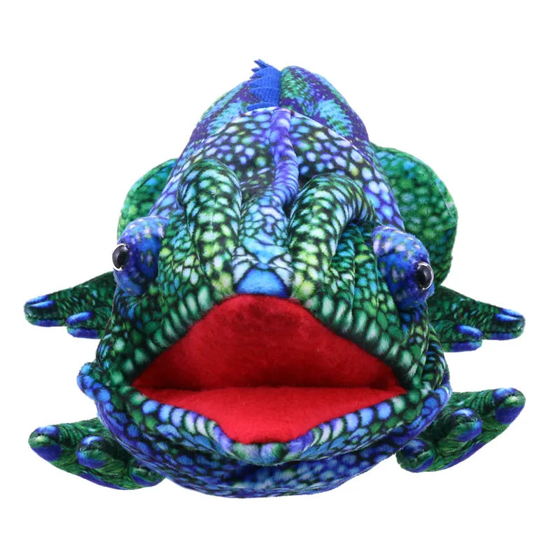 The Puppet Company Large Creature Chameleon is a plush hand puppet with vibrant blue and green scales, big round eyes, and an open red mouth to spark imagination, making it playful and engaging for all ages.