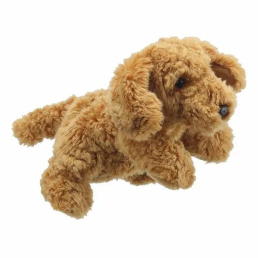 A brown The Puppet Company Full-bodied Hand Puppet Cockapoo is flying on a white background.