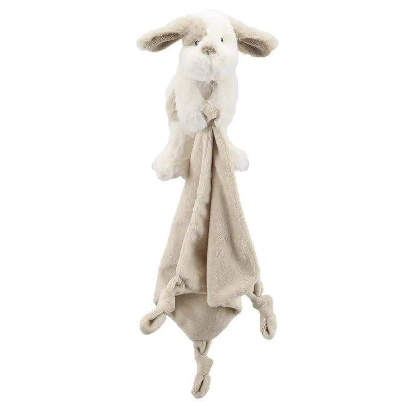 The Finger Puppet Comforter Dog is a soft beige and white comforter with floppy ears, a stuffed head, and a knotted blanket body—an ideal new baby gift for comfort and cuddles.
