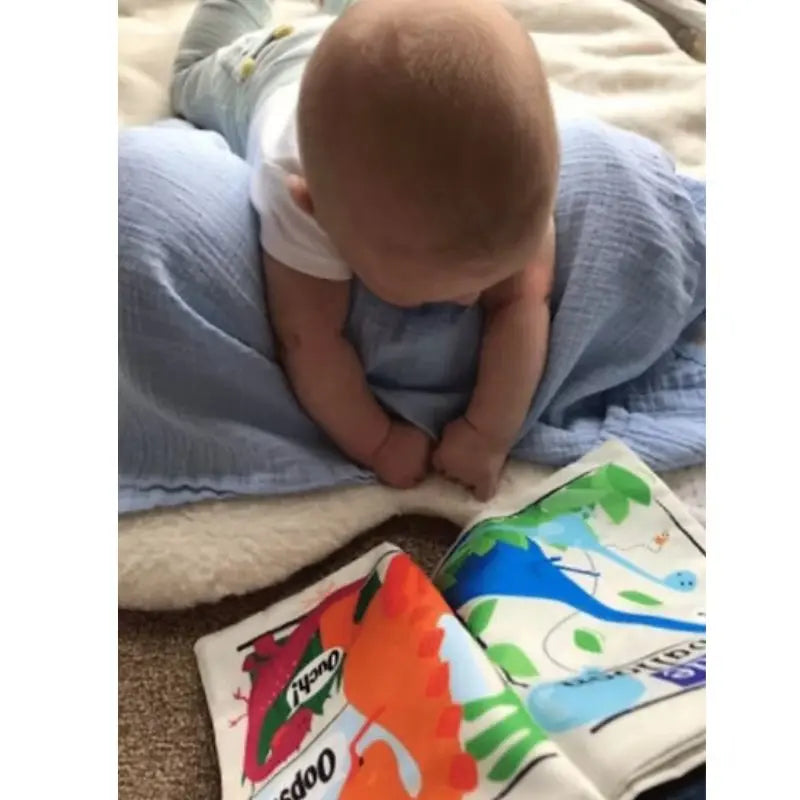 A baby lying on a blue blanket looks down at the Crinkly Cloth Book Rainbow Dinosaurs, a delightful story filled with vibrant illustrations and playful textures.