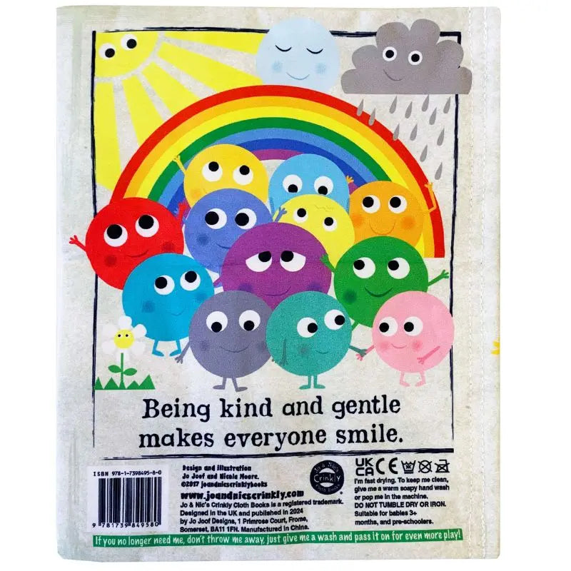 A group of colorful, round characters with smiling faces stand beneath a rainbow and gray raincloud. The Crinkly Cloth Book Rainbow of Emotions shares the message: "Being kind and gentle makes everyone smile." Ideal newborn gift!.