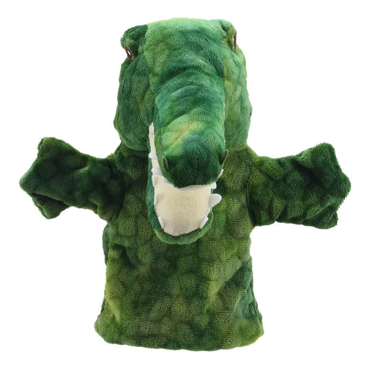 ECO Puppet Buddies Crocodile Hand Puppet made from recycled materials, featuring a green body, detailed scales, and an open mouth showing white teeth, isolated on a white background.
