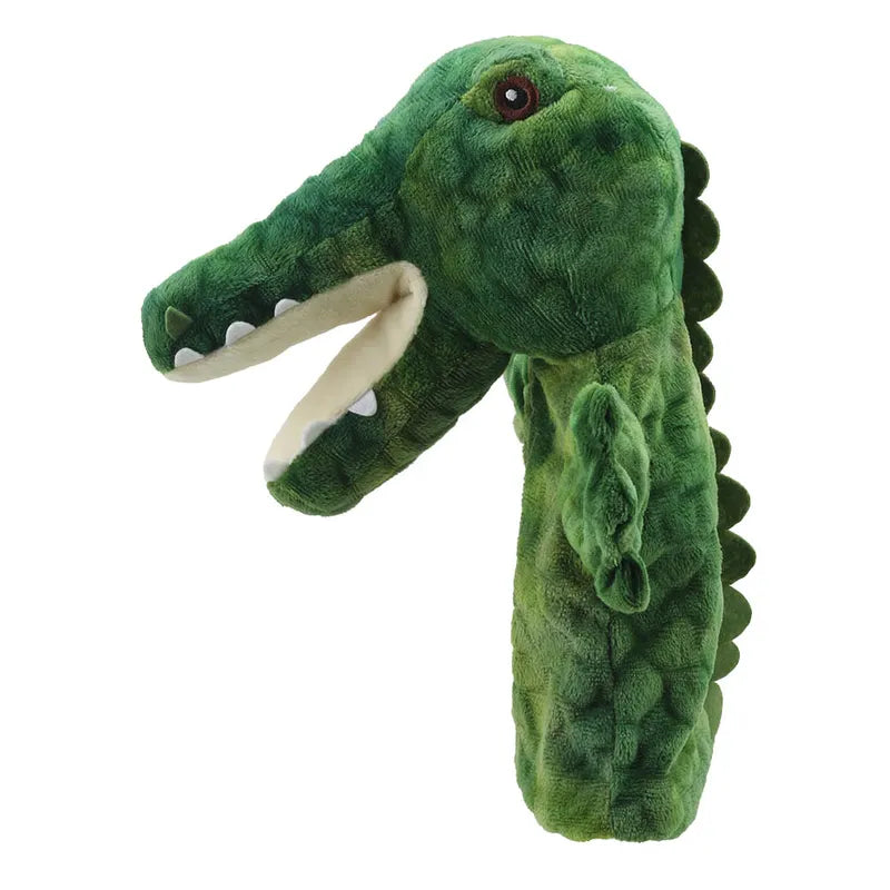ECO Puppet Buddies Crocodile Hand Puppet isolated on a white background, featuring a detailed green textured body with white teeth and a red eye.