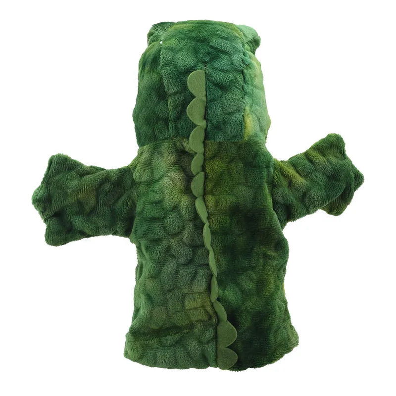 A plush toy designed to resemble ECO Puppet Buddies Crocodile Hand Puppet, featuring a green scaly body, small arms, and a spiky back, crafted from recycled materials, photographed against a white background.