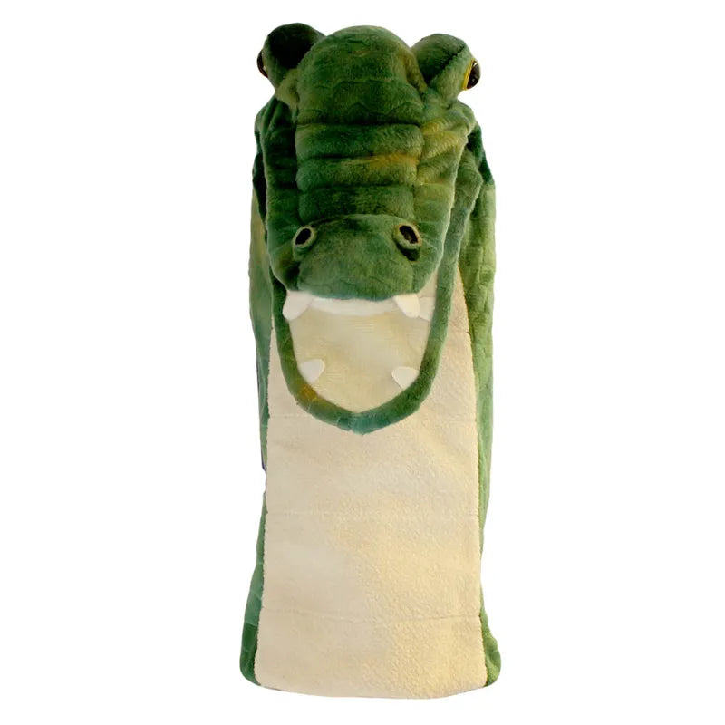 The Puppet Company Long Sleeved Puppet Crocodile features a plush green and beige head with a wide open mouth revealing two teeth, mounted against a white background.