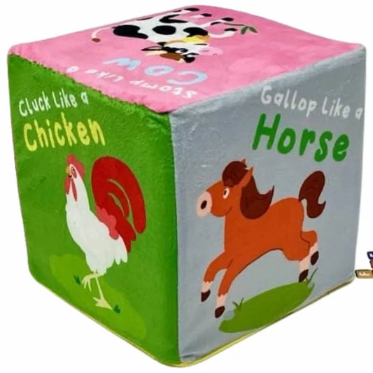 A CubeFun Farm with a cow, horse and chicken on it.