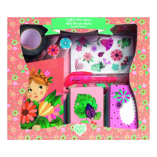 A pink and green Djeco Correspondence Marie Mini Writing Set gift box filled with a delightful stationery collection.
