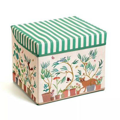 A small Djeco Seat Toy Box Garden with a painting of animals on it.
