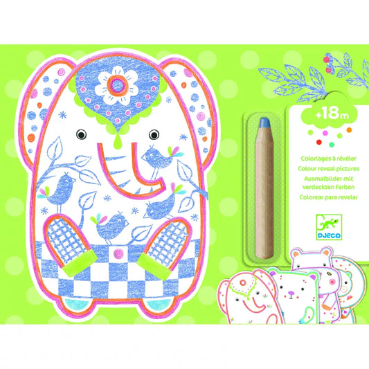 A set of Djeco Colouring Wild Animals with a jumbo coloured pencil and an elephant on them.