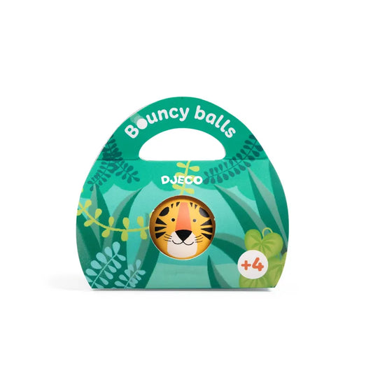 A colorful package of Djeco Skill Game Bouncing Ball - Wild Tiger with a prominent tiger face design, set against a vibrant green jungle-themed background. The package has a handle and indicates it's for ages 4 and up.