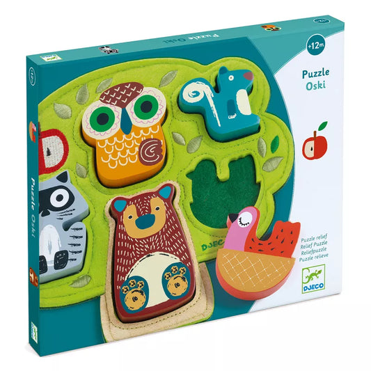 A Djeco Relief Puzzle Oski of animals and birds on a green background.