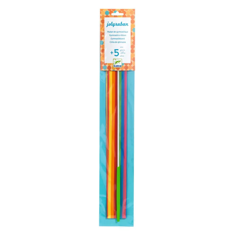A package of five Djeco Gymnastic Ribbon Jolyruban plastic straws in blue, green, red, orange, and yellow, suitable for enhancing motor skills in children aged 5 and up.