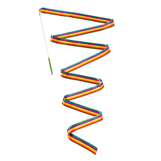 A Djeco Gymnastic Ribbon Jolyruban attached to a stick, twisted in a spiral or zigzag pattern, isolated on a white background. The ribbon features vibrant stripes in multiple colors.