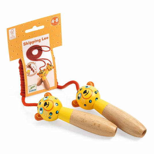 A pair of Djeco Skipping Rope Leo (adjustable) designed to enhance motor skills, featuring a wooden handle and suitable for children's height.