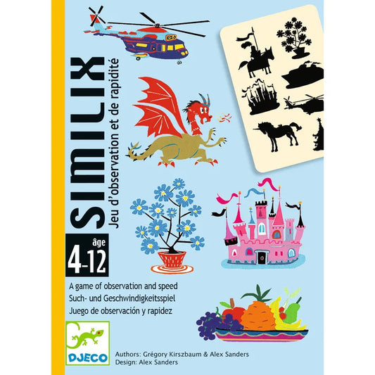 Box cover of "Djeco Playing Cards Similix," an observation game for ages 4-12, featuring illustrations of a helicopter, dragon, animals, flowers, and a pink castle. Text in multiple languages