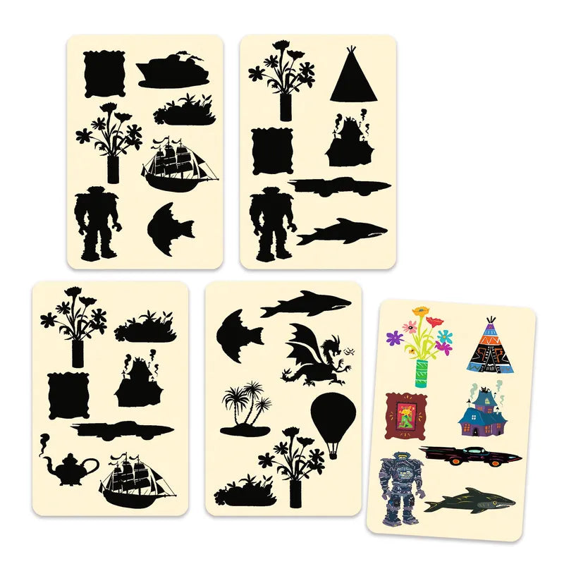 A set of six Djeco Playing Cards Similix, each with various black silhouettes including landscapes, trees, animals, and themed elements like a desert island, teepee, and hot air balloon, on a cream