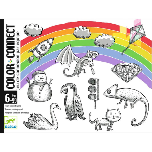 Illustration from the Djeco Playing Cards Color Connect showing diverse black and white sketches including a cat, spaceship, dragon, snowman, and more, all under a colorful rainbow in a cloudy sky.