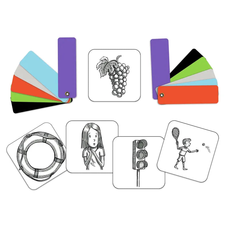 A variety of educational materials including Djeco Playing Cards Color Connect, and illustrated cards featuring a girl, a boy with a racket, grapes, and a compact portable game.