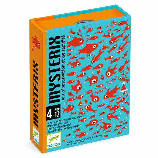 A Djeco Playing Cards Mysterix box with red fish on it.