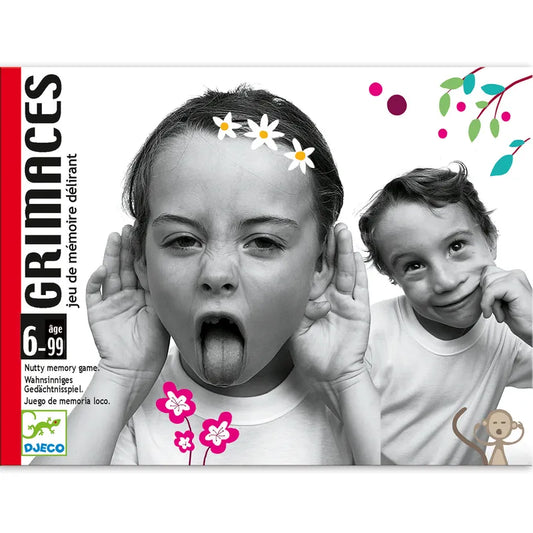 Box cover of Djeco Playing Cards Grimaces featuring two children pulling faces; one girl sticks out her tongue and pulls on her face, while another girl smiles sideways. Colorful floral and fruit designs decorate the.