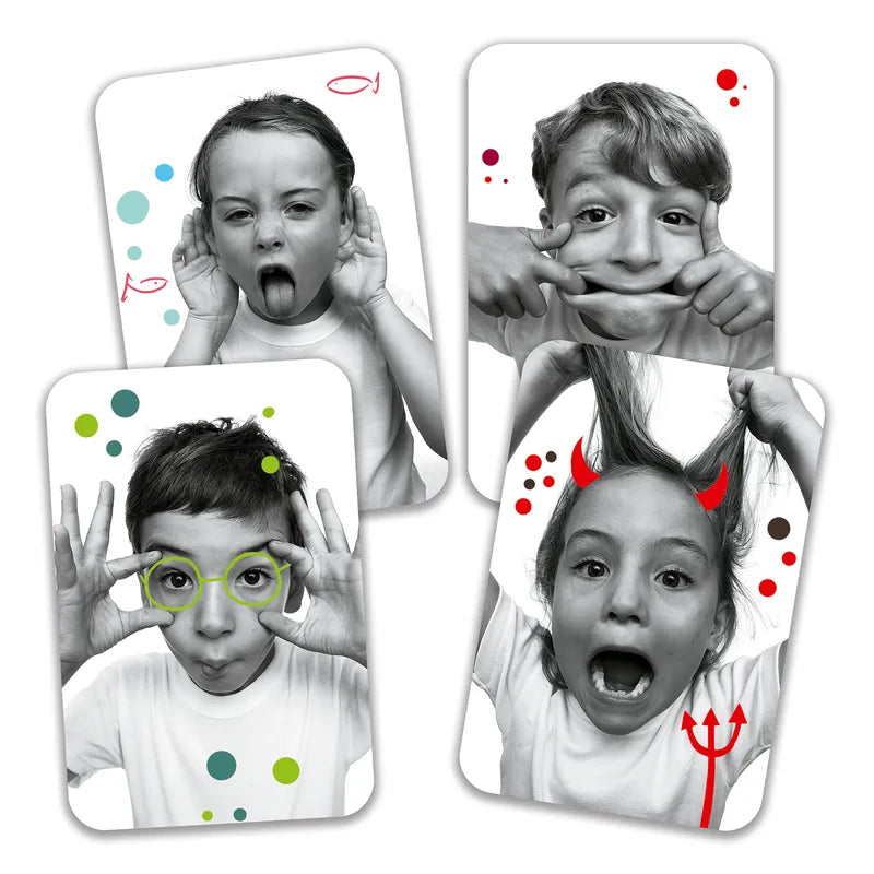 Four black-and-white photos of children playing a memory and observation game, each with colorful cartoon doodles: a girl with her mouth wide open, a boy pulling his face, another boy with glasses making Djeco Playing Cards Grimaces.