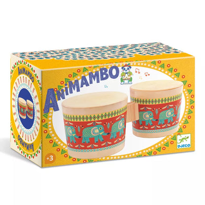 A Djeco box with two Animambo Bongo wooden drums in it.