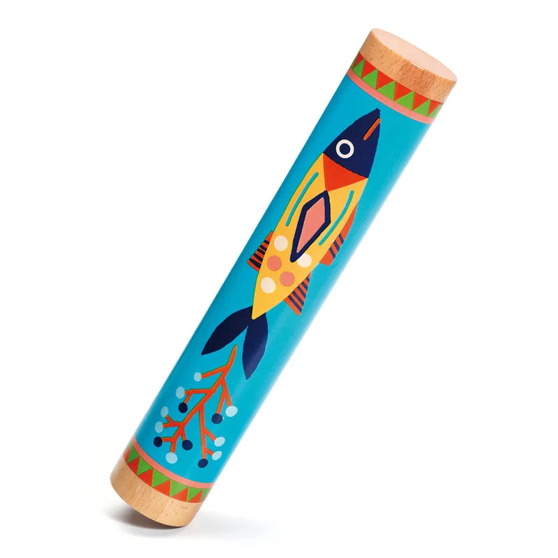 The Djeco Animambo Rain stick is a vibrant percussion instrument ideal for children's music, showcasing a lively fish design. This rain stick is primarily blue with an eye-catching yellow and orange fish, enhanced by geometric patterns and foliage at the ends.
