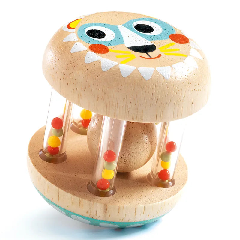 The Djeco Early Years BabyShaki is a charming baby toy with a lion's face on top, crafted from natural wood. It has vertical clear tubes filled with colorful beads for sensory play and features soft pastel colors.